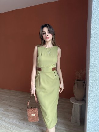 PALONİA Midi Elbise 8976 - Yağ Yeşili 