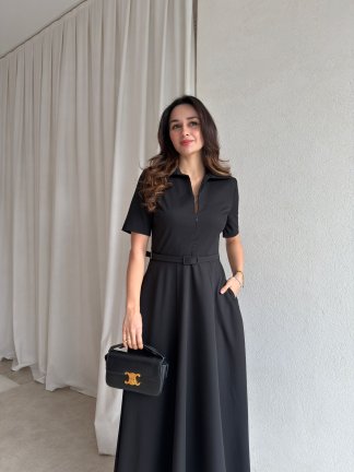 PANGO Midi Kemerli Elbise 8853 - Siyah - 2