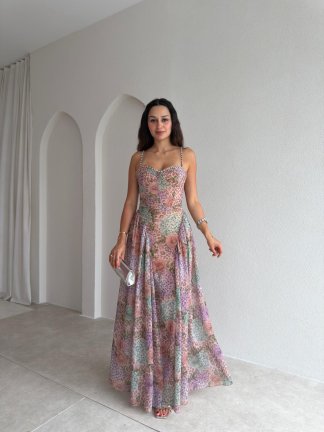 PAPİLLA Desenli Maxi Elbise 1503 - Lila 