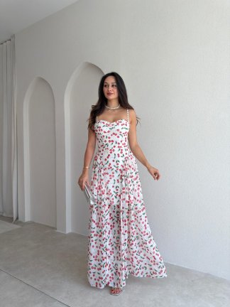 PAPİLLA Desenli Maxi Elbise 1503 - Beyaz 