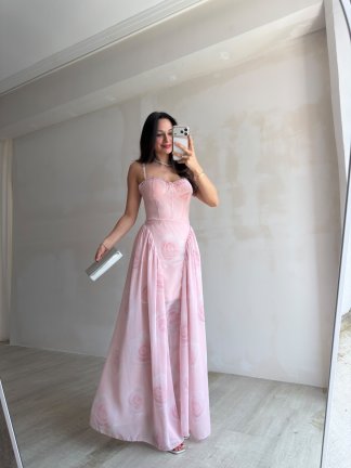 PAPİLLA Desenli Maxi Elbise 1503 - Pudra - 2