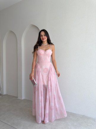 PAPİLLA Desenli Maxi Elbise 1503 - Pudra - 1