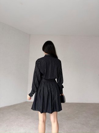 Parlak Çizgili Mini TONG Elbise 8393 - Siyah - 3