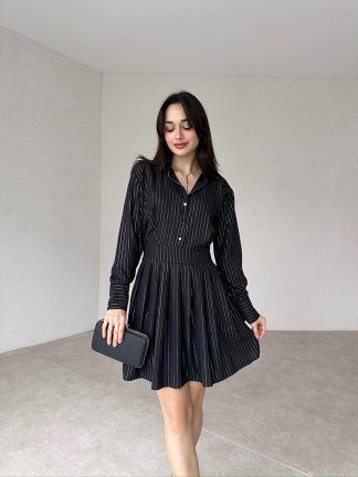 Parlak Çizgili Mini TONG Elbise 8393 - Siyah - 1