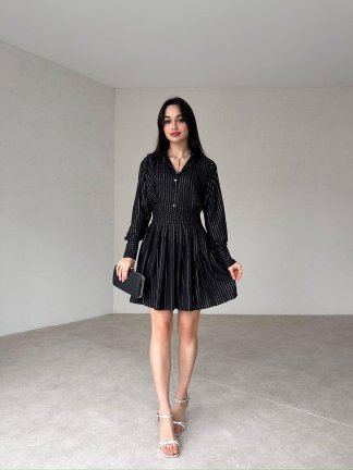 Parlak Çizgili Mini TONG Elbise 8393 - Siyah - 2