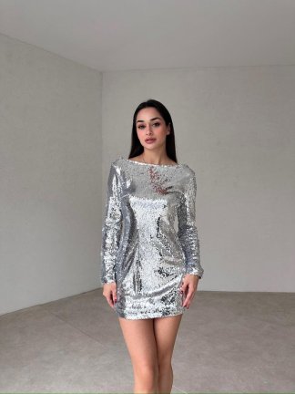 Parlak Payetli Mini SARGENT Elbise 2322 - Gri 