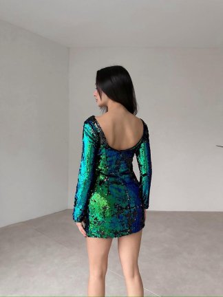 Parlak Payetli Mini SARGENT Elbise 2322 - Yeşil - 2