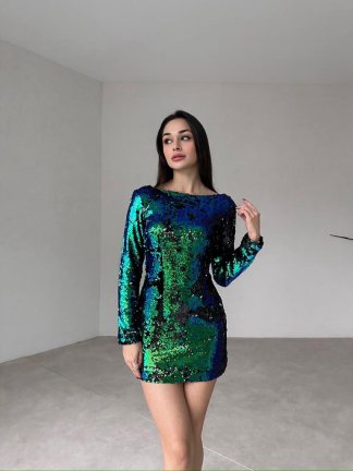 Parlak Payetli Mini SARGENT Elbise 2322 - Yeşil - 1