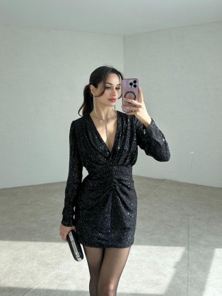 Parlak Payetli Mini ZORA Elbise 2324 - Siyah - 3