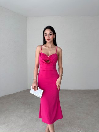 PAULA Midi Elbise 5654 - Fuşya - 1