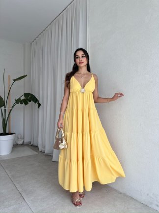 PAYNE Güneş Broşlu Elbise 8055 - Sarı - 2