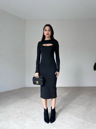 Pencere Dekolteli Midi HOFFER Elbise 2467 - Siyah - 2