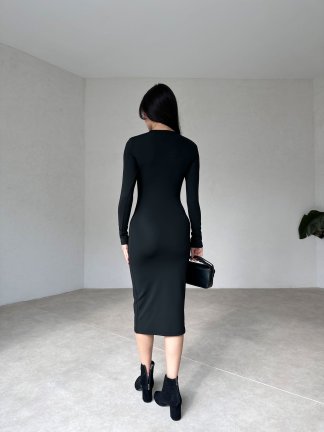 Pencere Dekolteli Midi HOFFER Elbise 2467 - Siyah - 3