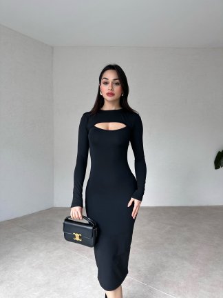 Pencere Dekolteli Midi HOFFER Elbise 2467 - Siyah - 1