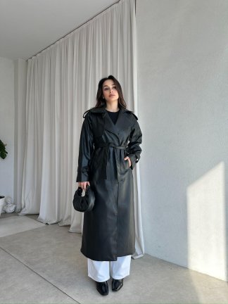 PENNY Deri Trençkot 8487 - Siyah - 2