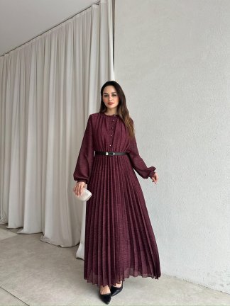 PETER Kemerli Maxi Elbise 8773 - Bordo - 1