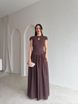PİGLET Puantiyeli Maxi Elbise 8849 - Acı Kahve - 1