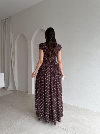 PİGLET Puantiyeli Maxi Elbise 8849 - Acı Kahve - 3