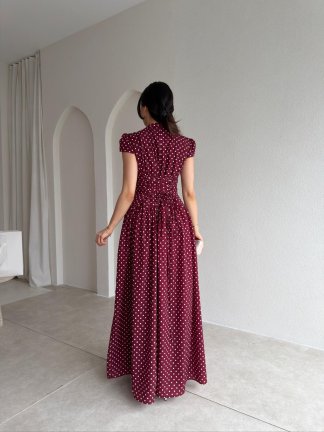 PİGLET Puantiyeli Maxi Elbise 8849 - Bordo - 3