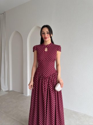 PİGLET Puantiyeli Maxi Elbise 8849 - Bordo - 2