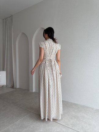 PİGLET Puantiyeli Maxi Elbise 8849 - Krem Rengi - 3