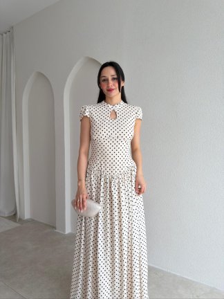 PİGLET Puantiyeli Maxi Elbise 8849 - Krem Rengi - 2