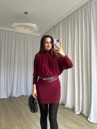 PİXİE Kemerli Mini Elbise 4725 - Bordo - 1