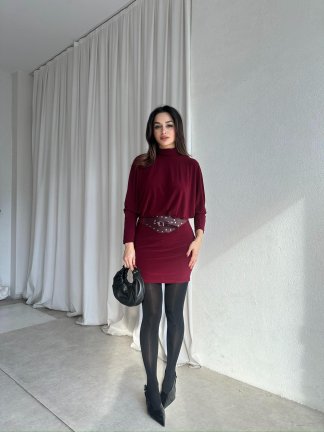 PİXİE Kemerli Mini Elbise 4725 - Bordo - 2
