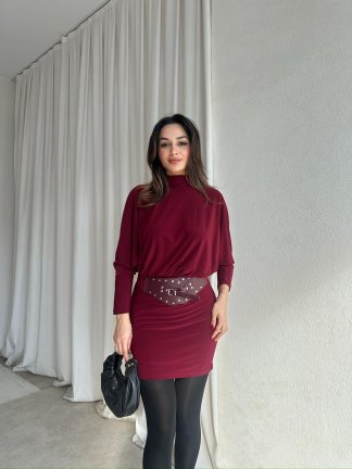PİXİE Kemerli Mini Elbise 4725 - Bordo - 3