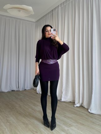 PİXİE Kemerli Mini Elbise 4725 - Mor - 4