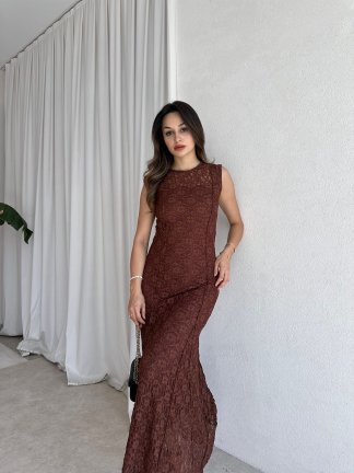  POİSON Maxi Elbise 8482 - Acı Kahve 