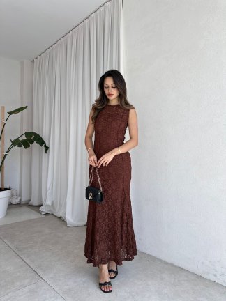  POİSON Maxi Elbise 8482 - Acı Kahve - 2