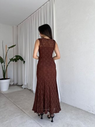  POİSON Maxi Elbise 8482 - Acı Kahve - 3