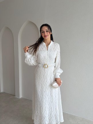POLENA Desenli Midi Elbise 4159 - Beyaz - 2