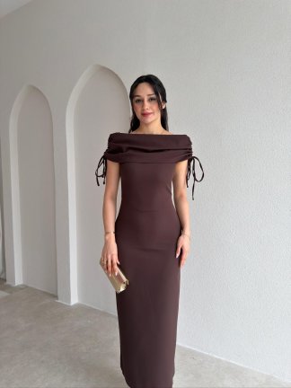 PONZA Yaka Detaylı Midi Elbise 4928 - Acı Kahve 