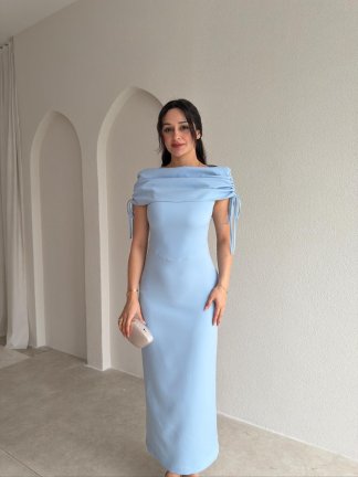  PONZA Yaka Detaylı Midi Elbise 4928 - Bebe Mavisi 