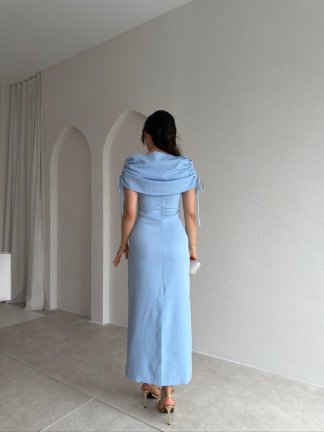  PONZA Yaka Detaylı Midi Elbise 4928 - Bebe Mavisi - 3