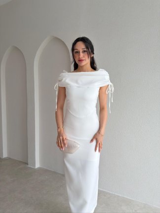  PONZA Yaka Detaylı Midi Elbise 4928 - Beyaz - 1