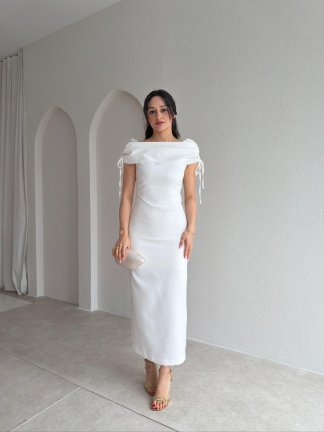  PONZA Yaka Detaylı Midi Elbise 4928 - Beyaz - 2