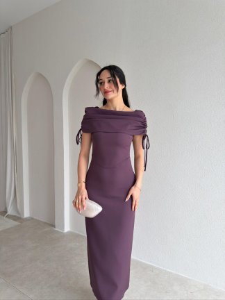 PONZA Yaka Detaylı Midi Elbise 4928 - Mürdüm 