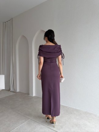 PONZA Yaka Detaylı Midi Elbise 4928 - Mürdüm - 3