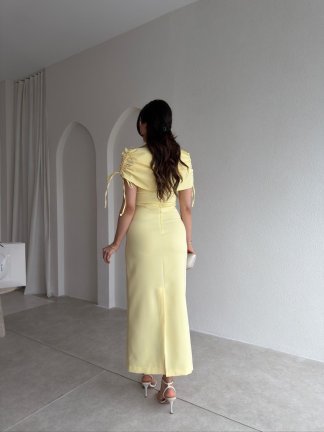 PONZA Yaka Detaylı Midi Elbise 4928 - Sarı - 3