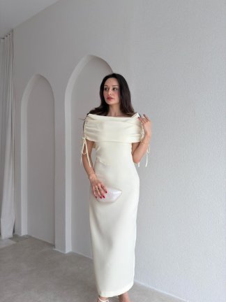 PONZA Yaka Detaylı Midi Elbise 4928 - Sarı 