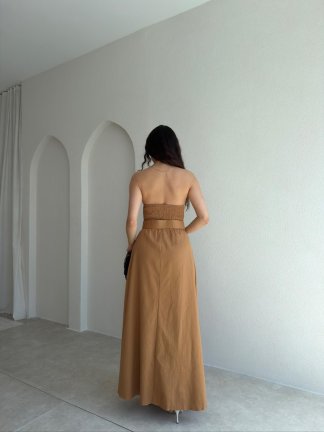 POTTER Kemerli Straplez Maxi Elbise 5491 - Kahverengi - 3