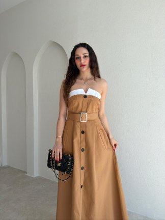 POTTER Kemerli Straplez Maxi Elbise 5491 - Kahverengi - 2