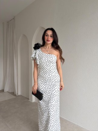 PROUD Puantiyeli Tek Omuz Elbise 1809 - Beyaz - 2