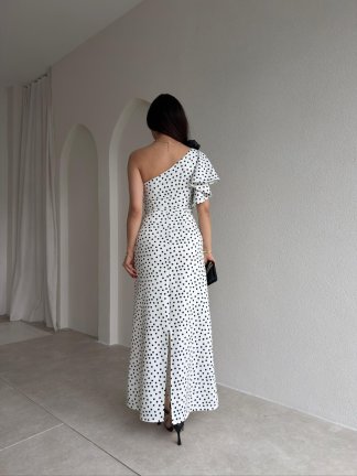 PROUD Puantiyeli Tek Omuz Elbise 1809 - Beyaz - 3