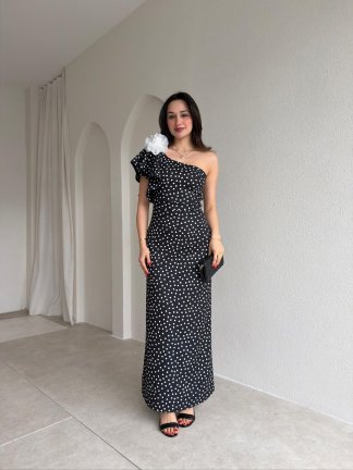 PROUD Puantiyeli Tek Omuz Elbise 1809 - Siyah - 1