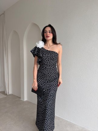 PROUD Puantiyeli Tek Omuz Elbise 1809 - Siyah - 2