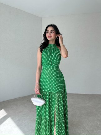 Puantiyeli Maxi HARVEY Elbise 4299 - Yeşil - 2